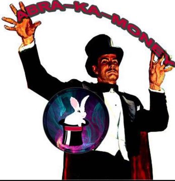 A stylized illustration of a magician in a top hat and tuxedo with the text 'ABRA-KA-NONE' above him, accompanied by a crystal ball displaying a white rabbit.