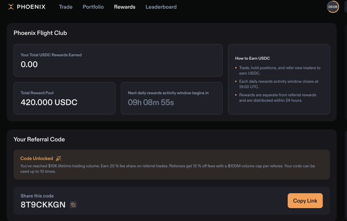 The image shows the Phoenix Flight Club rewards dashboard on Phoenix Trade, displaying a total reward pool of 420,000 USDC, a countdown of 09h 08m 55s until the next daily rewards activity window, and the user's referral code (8T9CKKGN) which has been unlocked after reaching $10k lifetime trading volume, with 0.00 USDC earned so far—directly illustrating the campaign's daily USDC reward mechanics and countdown referenced in the post.