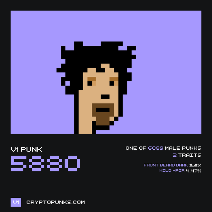 A pixel art profile of 'V1 PUNK #5880' from CryptoPunks, described as one of 6033 male punks with 2 traits (Front Beard Dark 2.6%, Wild Hair 4.47%).