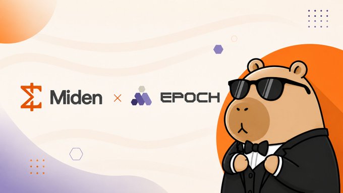 The image is a promotional graphic featuring the logos of "Miden" and "EPOCH" alongside a "x" symbol, indicating a partnership between the two. A cartoon bear wearing sunglasses and a black suit adjusts its bowtie on the right side, set against a cream and orange background with decorative shapes.