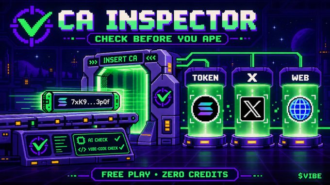 A pixel-art style promotional graphic for "CA INSPECTOR" with the tagline "CHECK BEFORE YOU APE," featuring AI check and vibe-code check options, alongside Token, X, and Web inspection chambers, labeled "FREE PLAY • ZERO CREDITS."