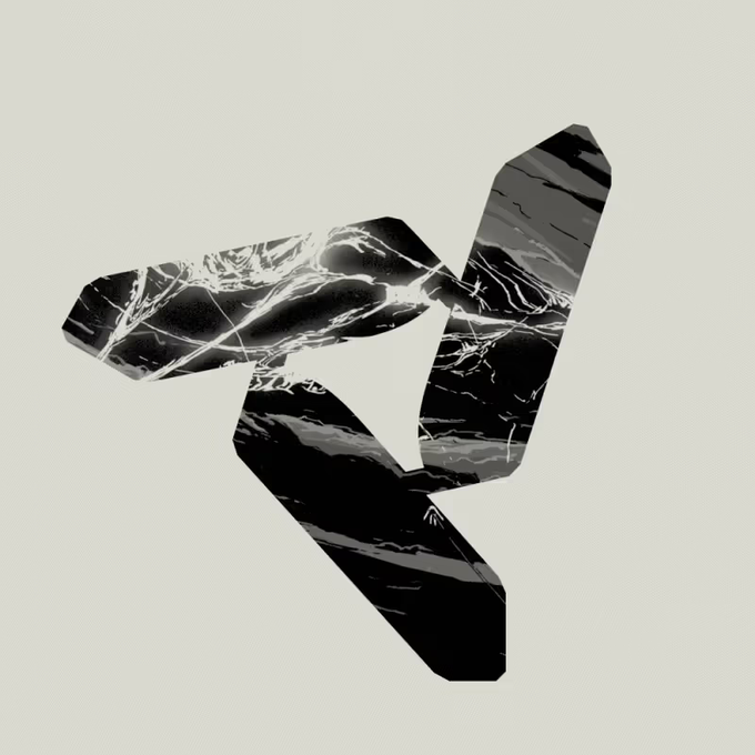 A 3D rendering of a stylized, abstract black marble object with white veins, floating against a light gray background.