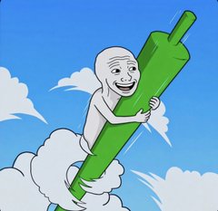 A cartoonish meme character excitedly rides a large green candlestick through the clouds, symbolizing bullish optimism for the $DOPAMEME token as "meme season" begins. The soaring green candle visually mirrors the post's enthusiasm about green price action and financial gain.