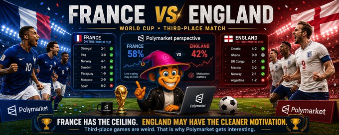 Polymarket promotional graphic for the FIFA World Cup Third-Place Match between France and England, displaying France at 58% versus England at 42%, with the tagline "FRANCE HAS THE CEILING. ENGLAND MAY HAVE THE CLEANER MOTIVATION."