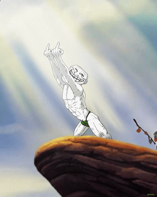 An animated troll character with white skin, a wide grin, and green leaf loincloth stands triumphantly on a rocky cliff edge, raising both middle fingers under a cloudy sky.