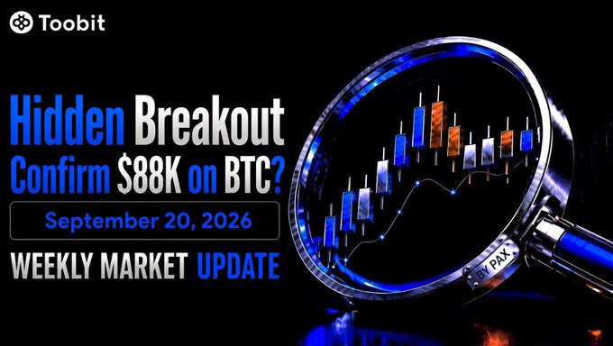 A promotional graphic for Toobit featuring a magnifying glass over a candlestick chart, with text reading 'Hidden Breakout Confirm $88K on BTC?', dated 'September 20, 2026', labeled as a 'WEEKLY MARKET UPDATE'.