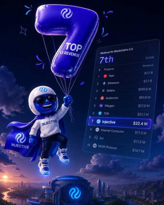Injective promotional graphic showing a mascot with a 'TOP 7 L1 REVENUE' balloon; the leaderboard lists Tron, Ethereum, Solana, Avalanche, Polygon, TON, Injective ($22.4M), Internet Computer, Sui, and NEAR Protocol.