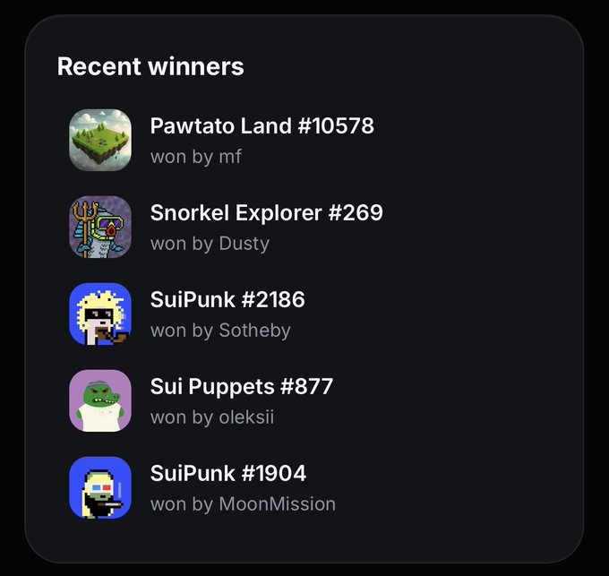 A 'Recent winners' leaderboard for NFT/Sui blockchain collectibles including Pawtato Land #10578 (won by mf), Snorkel Explorer #269 (won by Dusty), SuiPunk #2186 (won by Sotheby), Sui Puppets #877 (won by oleksii), and SuiPunk #1904 (won by MoonMission).