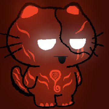 A stylized digital illustration of a red, cat-like cartoon character with glowing white eyes, a small smiling mouth, and flame-like patterns across its body, set against a dark red background.