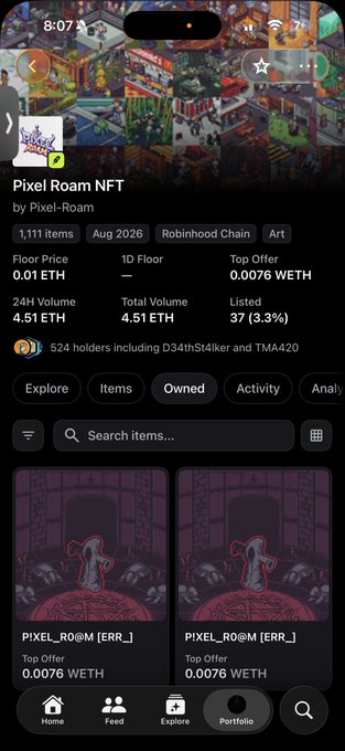 A screenshot of the OpenSea NFT marketplace displaying the "Pixel Roam NFT" collection by Pixel-Roam, which has 1,111 items on the Robinhood Chain, a floor price of 0.01 ETH, and shows two listed items both priced at 0.0076 WETH with top offers. The "Cool" caption loosely reflects the user's interest in this pixel-art NFT project.