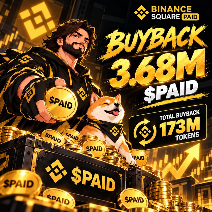 A promotional graphic featuring a bearded man holding a gold '$PAID' coin next to a Shiba Inu dog, advertising a Binance Square buyback of 3.68M $PAID with a total buyback of 173M tokens.