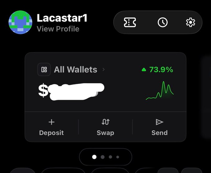 A screenshot of a Robinhood wallet profile for "Lacastar1" shows an "All Wallets" balance (amount obscured in white) with a +73.9% gain displayed alongside a green rising chart, followed by Deposit, Swap, and Send options—visually celebrating the Robinhood chain win referenced in the post.
