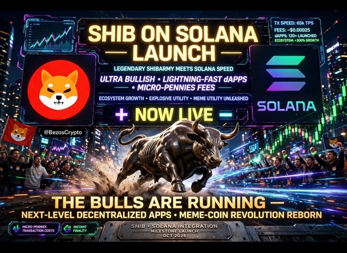 A promotional graphic announcing 'SHIB ON SOLANA LAUNCH,' featuring a Shiba Inu logo, a bronze bull statue, and text highlighting features like 'LEGENDARY SHIBARMY MEETS SOLANA SPEED' and a milestone launch date of 'OCT 2026'.
