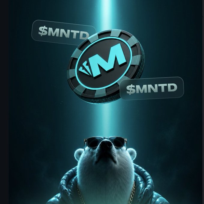 A promotional graphic features a $MNTD poker chip floating above a white bear wearing sunglasses and a blue jacket, illuminated by a cyan spotlight.