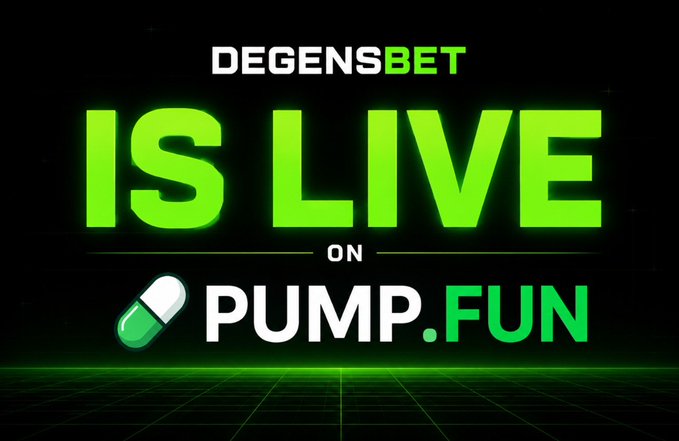 A promotional graphic with neon green text announcing "DEGENSBET IS LIVE ON PUMP.FUN" featuring a pill icon, set against a black grid background. The image aligns with the post's message that the $DEGENS token has officially launched on Pump.fun, with the visual highlighting the platform's branding.