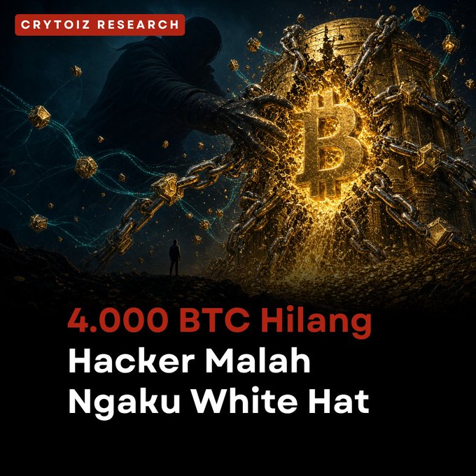 Crypto news graphic from 'CRYTOIZ RESEARCH' showing a hooded figure reaching toward a golden Bitcoin symbol wrapped in chains, with text reading '4.000 BTC Hilang Hacker Malah Ngaku White Hat'.