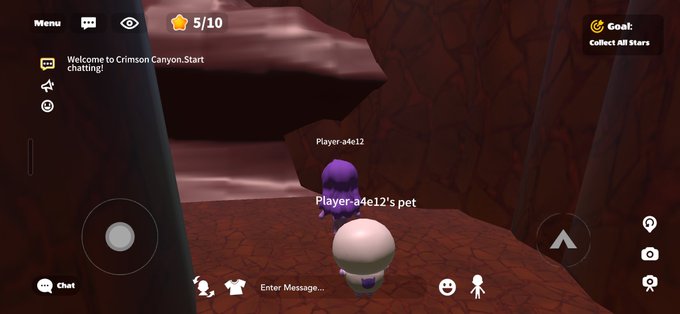 A player named "Player-a4e12" is exploring "Crimson Canyon" in a mobile game, accompanied by their pet, with the goal to "Collect All Stars" (5/10 collected). The screenshot illustrates the user's excitement about the game "Tomoland," which has captured their attention as a fun web3-related pastime.