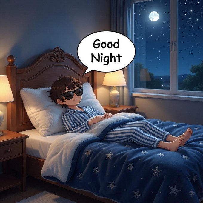 A cartoon character wearing sunglasses and striped pajamas is depicted lying in bed under a starry blanket, saying "Good Night" in a speech bubble, with a moonlit night sky visible through the window. The image playfully represents the post's message of saying goodnight to friends and signing off for the night.