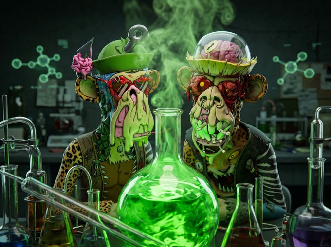 Two grotesque, cartoonish characters—a zombie-like figure in a green cap and a brain-topped monkey with an exposed brain—stand in a chaotic lab surrounded by glassware, with a large round-bottom flask bubbling with glowing green liquid between them, perfectly capturing the playful "BAKC in the Lab" vibe.