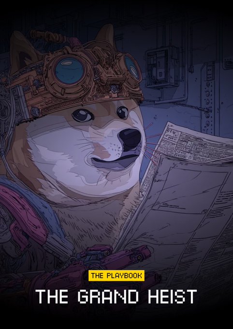 A Shiba Inu dog wearing steampunk goggles and gear reads a newspaper in a dark, industrial setting, with the text 'THE PLAYBOOK' and 'THE GRAND HEIST' displayed at the bottom.