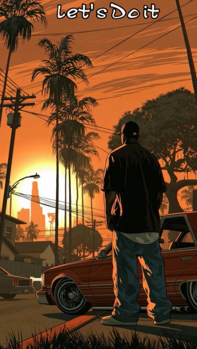 A stylized illustration with the text 'let's Do it' shows a silhouetted man standing beside a car at sunset, with palm trees and a city skyline in the background.