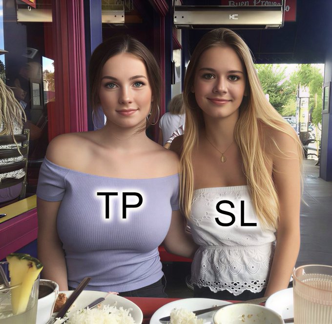 The image shows two young women sitting at a restaurant table with plates of food in front of them, labeled "TP" (on the left woman in a lavender top) and "SL" (on the right woman in a white eyelet top). This visualizes the trading concepts of Take Profit (TP) and Stop Loss (SL), contrasting the two as "opposite" approaches—one representing locking in gains, the other limiting losses—in trading strategy decisions.