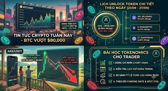 A four-panel infographic about crypto news showing BTC/USDT charts, with text reading 'TIN TÚC CRYPTO TUẦN NAY - BTC VƯỢT $80,000', highlighting BTC/USD and BTCB: +330.71%, alongside token unlock schedules for AKE, XPL/PLASMA+ ($109.49M, 9.25% Mcap), H (HUMANITY) at 14.71% Mcap, and GT (GateToken) at 6.25% Mcap, plus tokenomics lessons for traders.