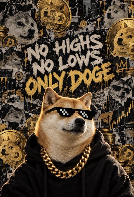 A graffiti-style poster features a Shiba Inu dog wearing pixelated sunglasses and a gold chain, with the text 'NO HIGHS NO LOWS ONLY DOGE' surrounded by Dogecoin imagery.