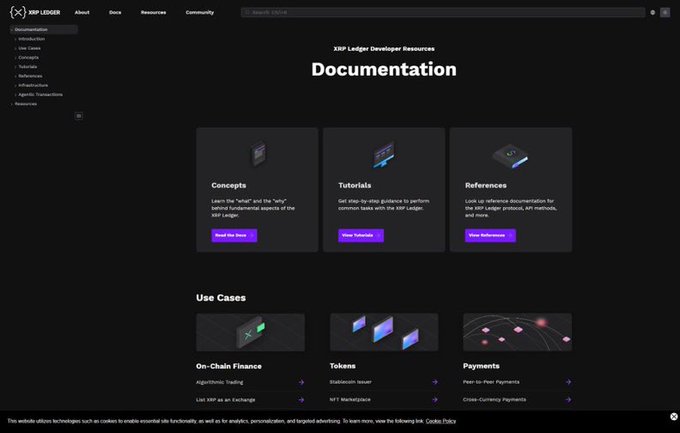 A dark-themed webpage titled 'XRP Ledger Developer Resources Documentation' showing sections for Concepts, Tutorials, References, and Use Cases including On-Chain Finance, Tokens, and Payments.