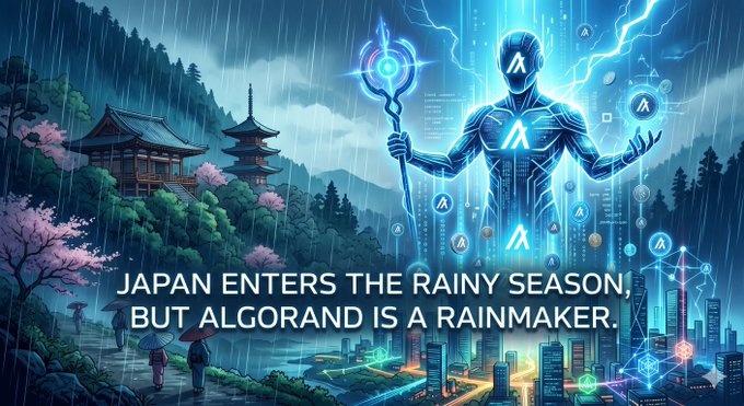 The image features an illustration of Japan with a man holding a staff that has a blue light at the end. The background shows a cityscape with buildings and trees, suggesting a rainy day. The caption below the image reads "Japan enters the rainy season, but Algorand is a RAINMAKER." This statement implies that despite Japan experiencing rain during the rainy season, the country's infrastructure or technology might be resistant to it, as indicated by the presence of the man holding a staff with a blue light.