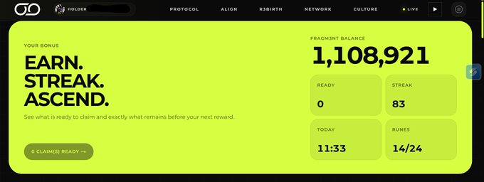 A dashboard screenshot with 'EARN. STREAK. ASCEND.' text showing Fragment Balance of 1,108,921, Streak 83, Today 11:33, and Runes 14/24, with '0 CLAIMS READY' button.