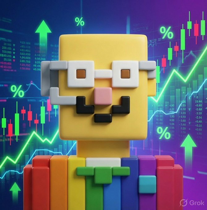 A 3D pixel-art style character wearing square glasses, set against a neon background of financial charts, candlesticks, and percent symbols, watermarked 'Grok'.