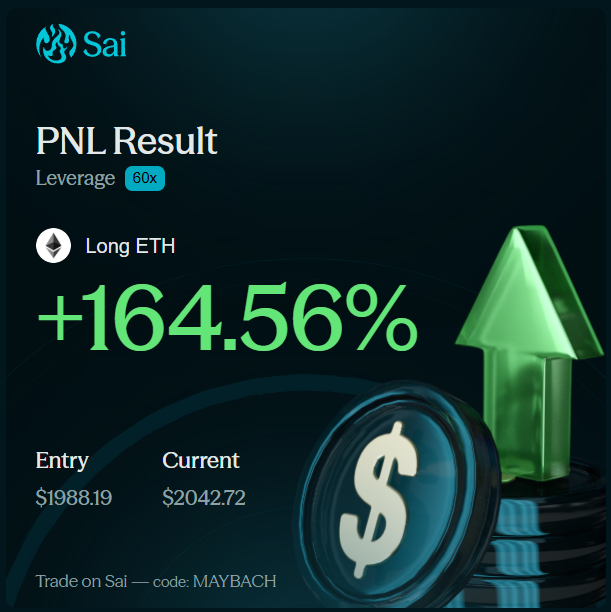 The image features a green dollar sign with an upward-pointing arrow next to it against a dark blue background, representing a price increase of +$164.56% for an ether token.