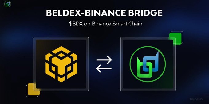 A promotional graphic for the 'BELDEX-BINANCE BRIDGE' showing $BDX on Binance Smart Chain, with arrows indicating bidirectional exchange between the Beldex and Binance logos.
