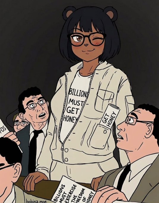 An anime-style illustration of a girl with bear ears and glasses wearing a 'BILLIONS MUST GET HONEY' shirt, surrounded by men in suits holding papers with text about billions, exercise, and freedom of honey, signed bobina_mae.
