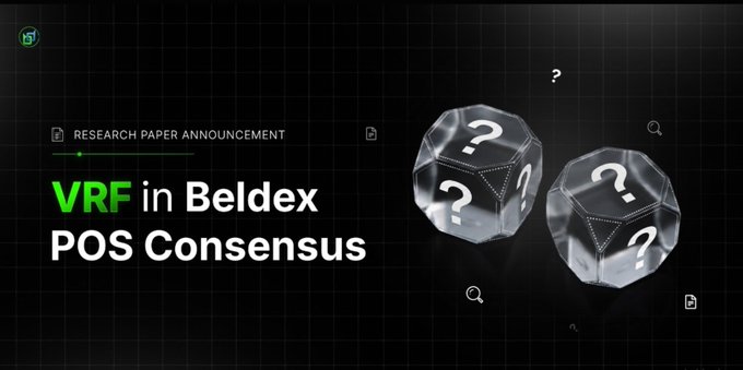 A dark-themed announcement banner reading 'RESEARCH PAPER ANNOUNCEMENT: VRF in Beldex POS Consensus' alongside two glowing, translucent 3D dice marked with question marks.