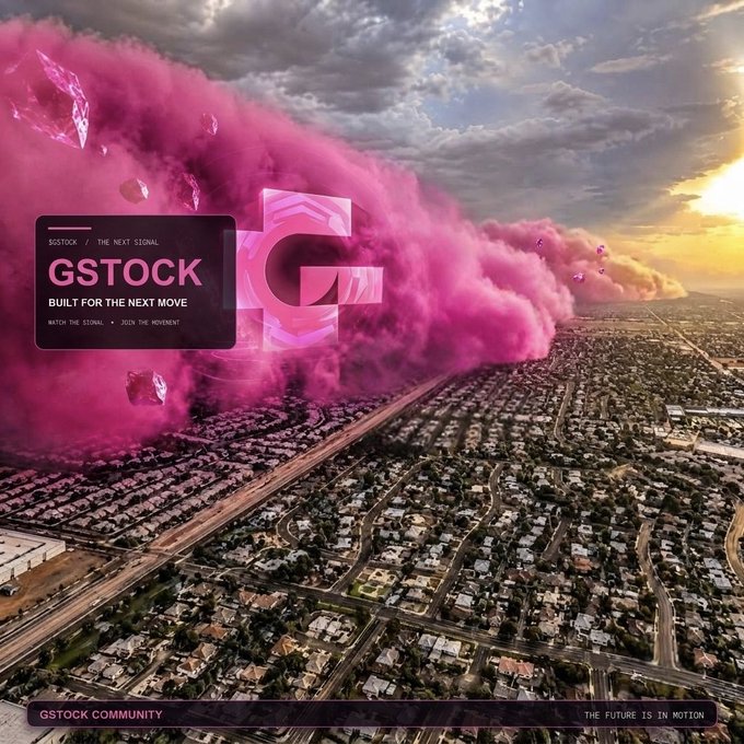 Promotional graphic for 'GSTOCK - The Next Signal' featuring a large pink smoke plume and 'G' logo rising above a city landscape.
