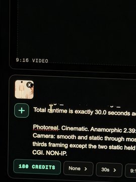 Screenshot of a video generation interface showing technical details like 'Cinematic, Anamorphic 2.39' aspect ratio, smooth camera movements, and 180 CREDITS cost for a 30-second video.