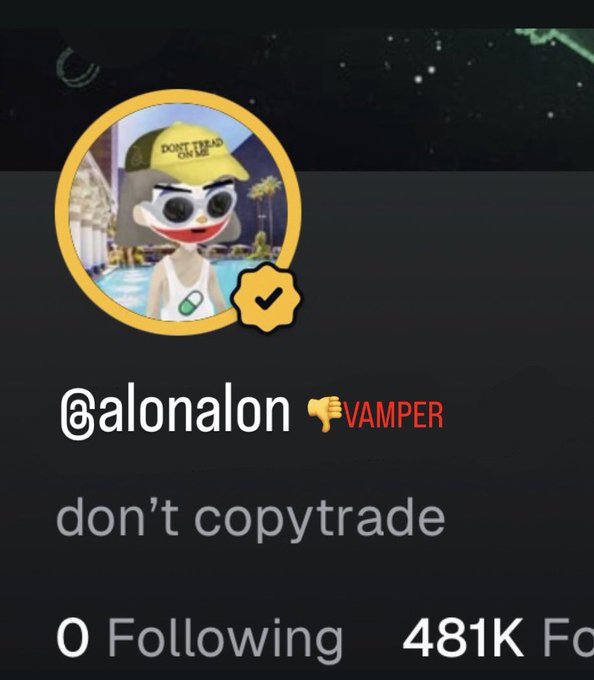A profile screenshot shows the user @alonalon marked as a verified "VAMPER" with the tagline "don't copytrade" and 481K followers. This relates to the post about adding gamified trading achievements (like "First Deposit," "Round Tripper," and "100x Club") to user profiles on platforms such as Pump.fun.