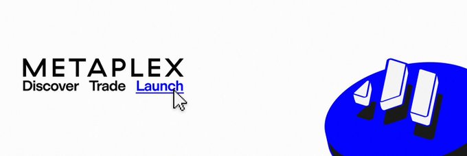 The image shows the Metaplex logo with navigation options "Discover, Trade, Launch" (with "Launch" being clicked), alongside a blue graphic with white abstract shapes. The Metaplex branding aligns with the post celebrating $MPLX's successful listing on South Korea's Upbit and Bithumb exchanges, highlighting its emergence as a leading Solana ecosystem project.