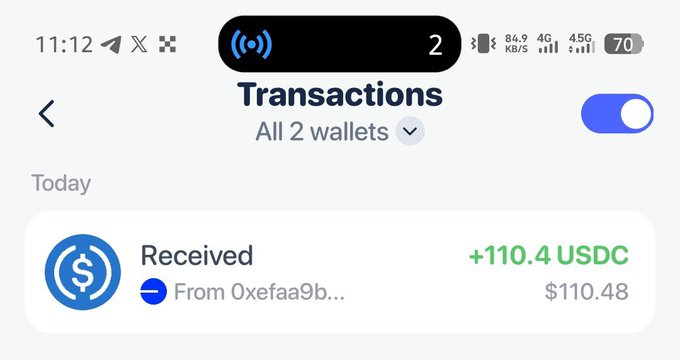 A screenshot of a crypto wallet's Transactions page shows a received payment of +110.4 USDC ($110.48) from "Oxefaa9b..." logged under "Today," confirming the user received their Wallchain payout.