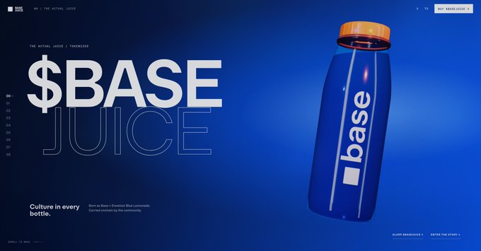 The image displays a website for "$BASE JUICE" featuring a blue bottle with an orange cap on a deep blue background, with the tagline "Culture in every bottle." It relates to the post by showcasing Base's newly revamped website design, highlighting the project's branding and tagline as they celebrate their growing community of over 1,100 X followers and 400+ Telegram members.