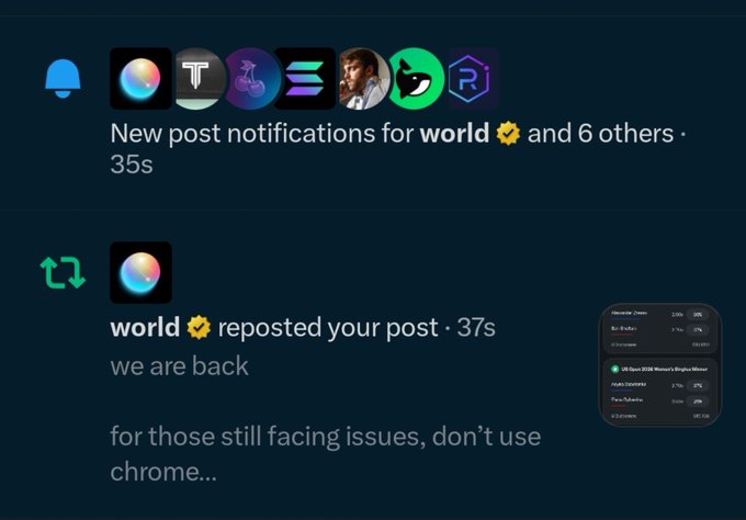 A notification panel shows that "world 🌼 reposted your post · 37s" with the text "we are back" and advice saying "for those still facing issues, don't use chrome..." The user is thanking @world_xyz for the repost and follow-back, celebrating the social media engagement.