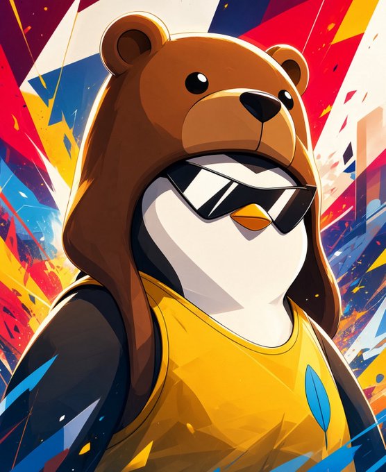 Stylized digital artwork of a penguin wearing a brown bear hat hoodie and dark sunglasses, set against a vibrant red, blue, and yellow geometric background.