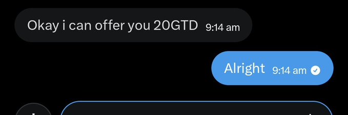 A screenshot of a direct message conversation shows someone offering "20GTD" at 9:14 am, with the recipient replying "Alright" with a checkmark at the same time—reflecting the post's promise of giving away 20 guaranteed spots to a hand-made NFT on the Robinhood chain.