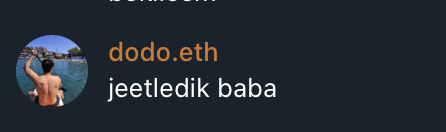 Profile card displaying the name 'dodo.eth' in orange text with 'jeetledik baba' below it, alongside a circular profile photo of a shirtless person on a boat.