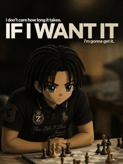 An anime-style character with dreadlocks staring intensely at a chessboard, overlaid with the text 'i don't care how long it takes. IF I WANT IT i'm gonna get it.'