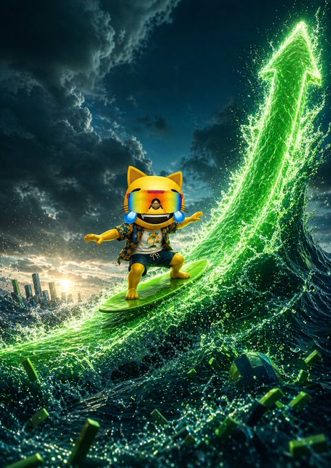 A 3D-rendered yellow cat emoji character surfs on a massive green upward arrow made of water/splashes, set against a dramatic stormy sky and city skyline.