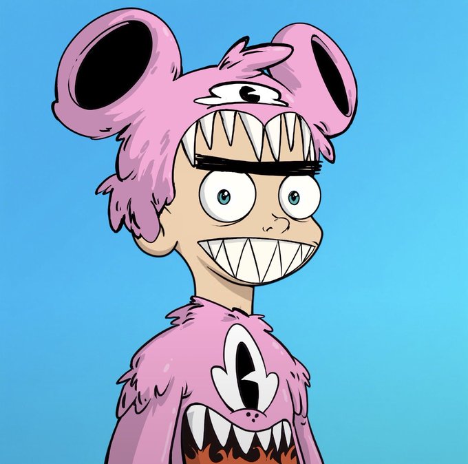 A cartoonish character with a pink bear-like hood featuring large black ears, a third eye on the forehead, and sharp teeth, wearing a matching pink outfit.