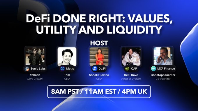 A promotional banner for a live discussion titled "DeFi DONE RIGHT: VALUES, UTILITY AND LIQUIDITY," featuring host Sonali Giovino (De.Fi CEO) alongside panelists Yohnan (Sonic Labs), Tom (Metis CEO), DeFi Dave (CAP Head of Growth), and Christoph Richter (MC² Finance Co-Founder), scheduled for 8 AM PST / 11 AM EST / 4 PM UK. The image directly ties to the post by highlighting Sonic Labs' Yohnan as one of the featured speakers in tomorrow's DeFi-focused panel.